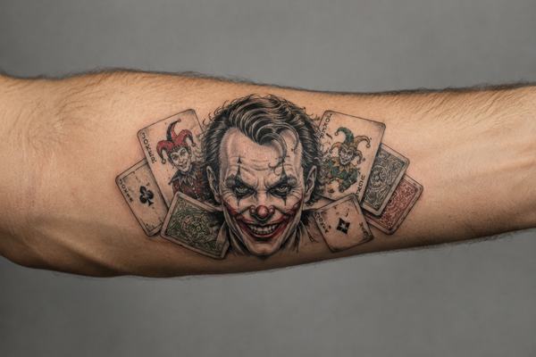 Realistisches Joker-Tattoo am Unterarm