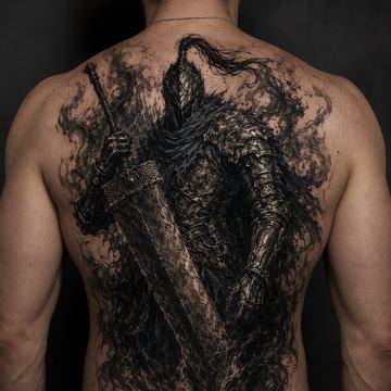 Großes Schwarz-Grau-Realismus-Rückentattoo im Dark-Souls-Stil
