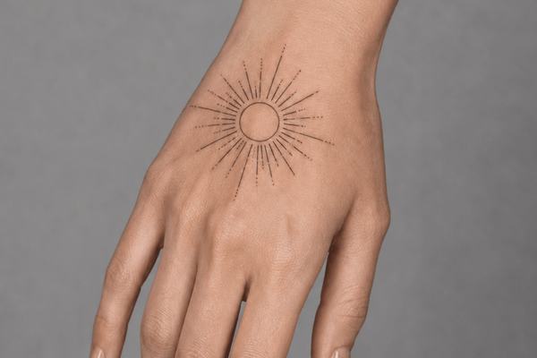 Fineline-Sonnen-Tattoo auf der Hand