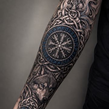 Unterarmtattoo mit Vegvisir als zentralem, kreisförmigem nordischem Kompass, umgeben von Runen