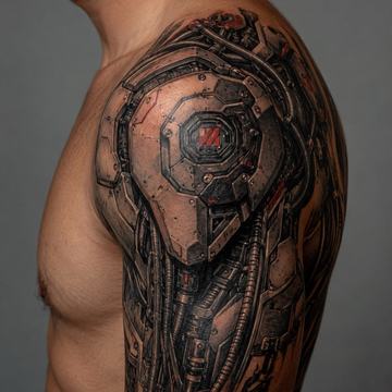 Großes Cyberpunk-Schultertattoo auf männlichem Oberarm