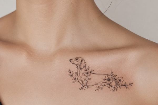 Feines Schwarzgrau‑Tattoo eines Dackels im Seitenprofil am Schlüsselbein, umrahmt von zarten Blütenranken – minimalistisches, elegantes Design als dezente Vorlage für eine Dackel‑Tätowierung.