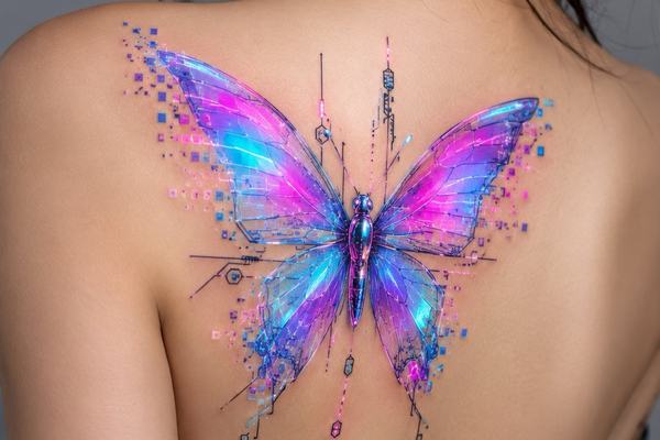 Großes Cyberpunk-Schmetterlings‑Tattoo auf dem oberen Rücken