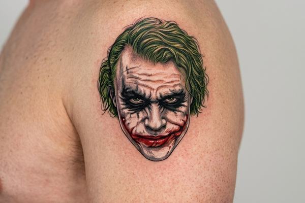 Realistisches Joker-Porträt-Tattoo auf dem Oberarm