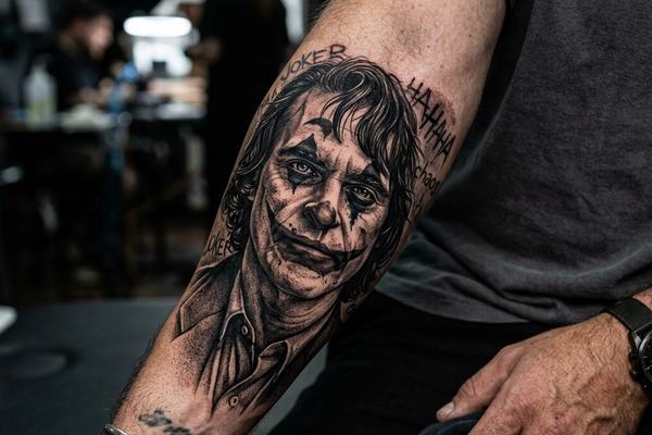 Realistisches Joker-Porträt als Black-and-Grey-Tattoo auf dem Unterarm mit handschriftlichen „HAHAHA“