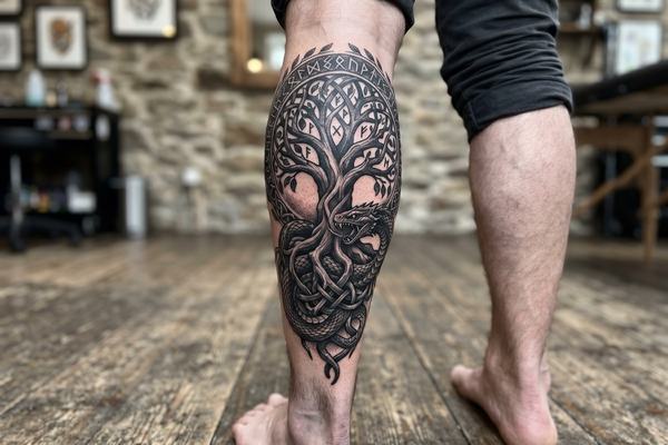 Yggdrasil‑Tattoo als großflächiges Blackwork auf der Wade