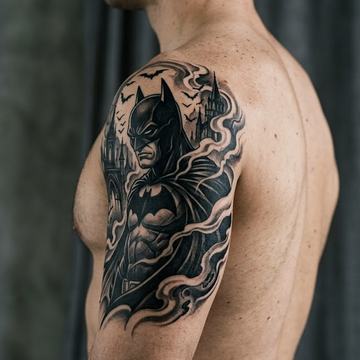 Großes Schwarz‑Grau‑Batman‑Tattoo auf dem Oberarm