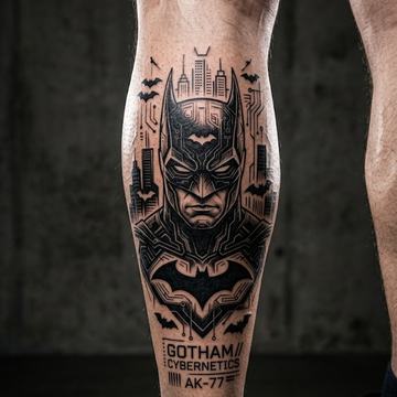 Kontrastreiches Schwarz‑Grau‑Batman‑Tattoo auf der Wade