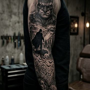 Schwarz‑Grau‑Batman‑Full‑Sleeve am Ober‑ und Unterarm