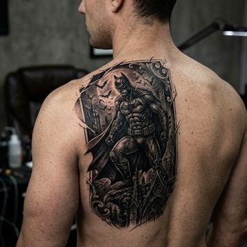 Großes Schwarz‑Grau‑Batman‑Rückentattoo auf der rechten Rückenhälfte