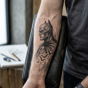 Schwarz‑Grau‑Batman‑Tattoo im Sketch‑Stil auf einem Unterarm