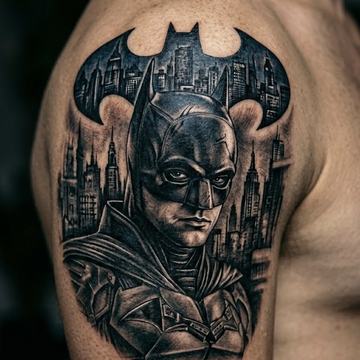 Realistisches Schwarz‑Grau‑Batman‑Tattoo auf dem Oberarm
