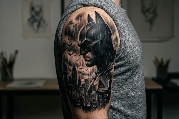 Großes Schwarz‑Grau‑Batman‑Tattoo als Half‑Sleeve am Oberarm
