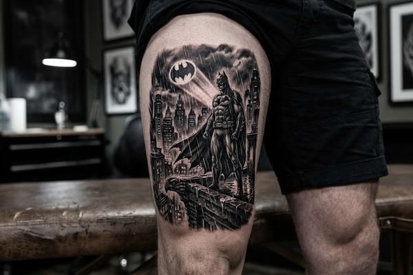 Großes Schwarz‑Grau‑Tattoo von Batman auf dem seitlichen Oberschenkel