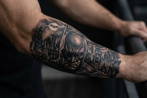 Schwarz‑Grau‑Batman‑Tattoo auf dem Unterarm