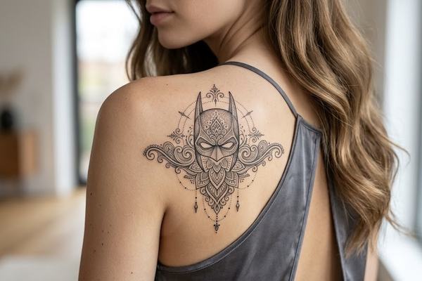 Feinliniges Schwarz‑Grau‑Tattoo der Batman‑Maske im ornamentalen Mandala‑Stil auf dem Schulterblatt