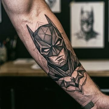 Geometrisches Schwarz‑Grau‑Tattoo von Batman auf einem Unterarm