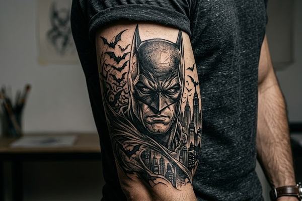 Schwarz-Grau-Batman-Tattoo auf dem Oberarm