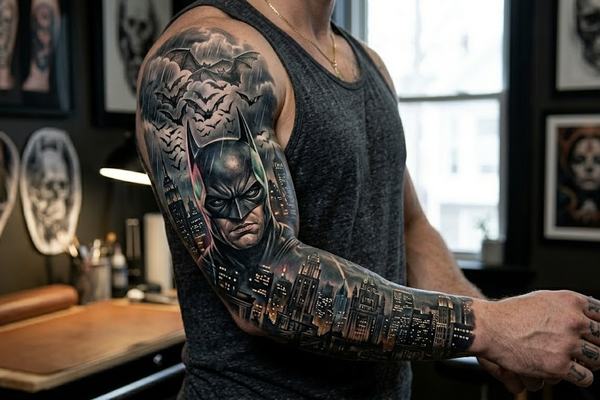 Schwarz-Grau Batman Full-Sleeve auf Ober- und Unterarm