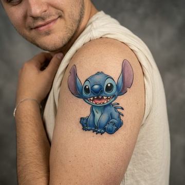 Person blickt lächelnd auf ein farbiges Stitch-Tattoo im Cartoon-Stil auf dem Oberarm