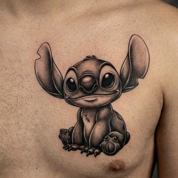 Großes Stitch-Tattoo in Schwarz‑Grau im Cartoon-/Sketch-Stil auf der linken oberen Brust