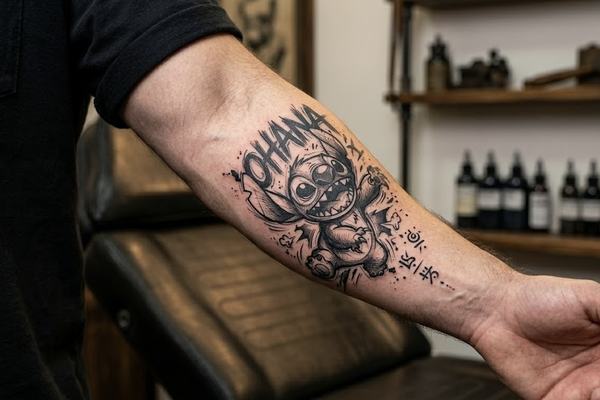Großes Stitch-Tattoo in Schwarz‑Grau im Cartoon-/Sketch-Stil am inneren Unterarm einer Person