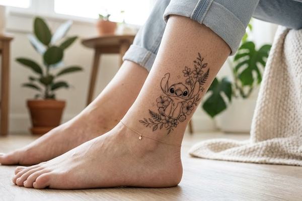 Dezentes Stitch-Tattoo im Fineline-/Outline-Stil am Knöchel