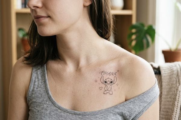 Dezentes Stitch-Tattoo im Fineline-Stil am Schlüsselbein