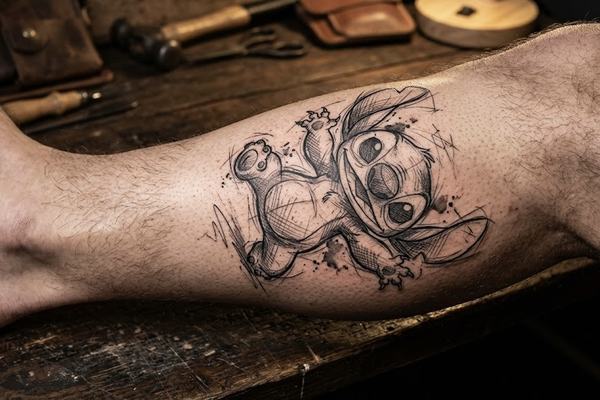 Großes Stitch-Tattoo in Schwarz‑Grau im Sketch-/Cartoon-Stil an der Wade