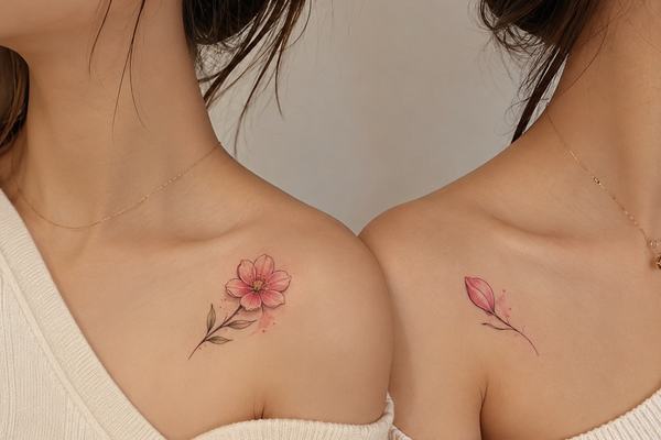 Fineline Mutter-Tochter-Tattoo mit Blume
