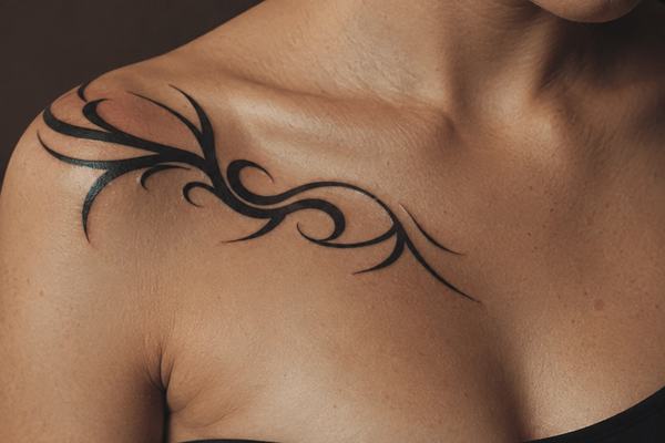 Feines Tribal Tattoo am Schlüsselbein