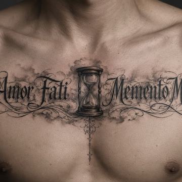 Ornate black-and-gray chest tattoo: Amor Fati and Memento Mori 