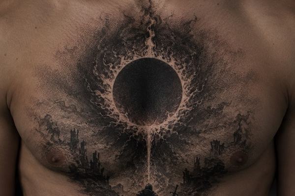 Schwarz-Grau-Realismus-Brusttattoo im Dark-Souls-Stil