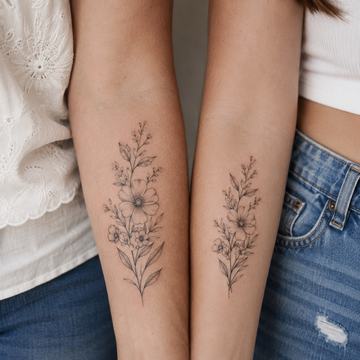 Fineline Mutter-Tochter-Tattoo mit Blume