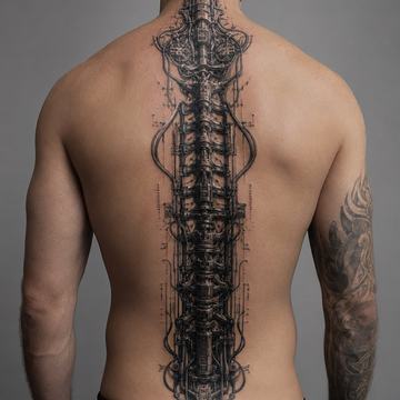 Großes Cyberpunk-Rücken-Tattoo auf dem Rücken eines Mannes