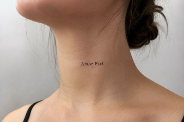 Kleines „Amor Fati“-Tattoo in feiner Serifenschrift mittig am Hals