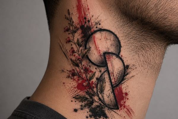 Geometrisch‑florales Organspende‑Tattoo am seitlichen Hals