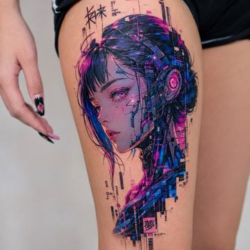 Großes Cyberpunk-Oberschenkeltattoo