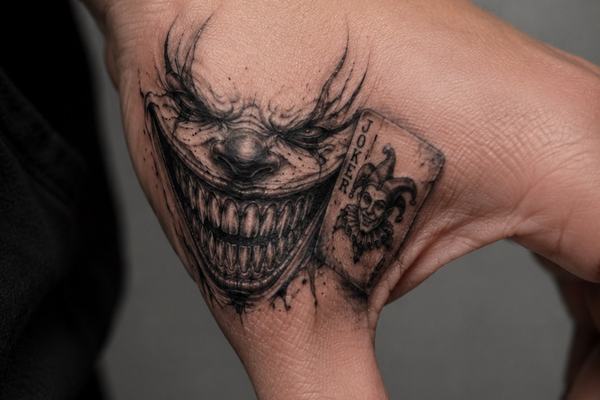 Kleines Black-and-Grey-Joker-Handtattoo am Daumenballen