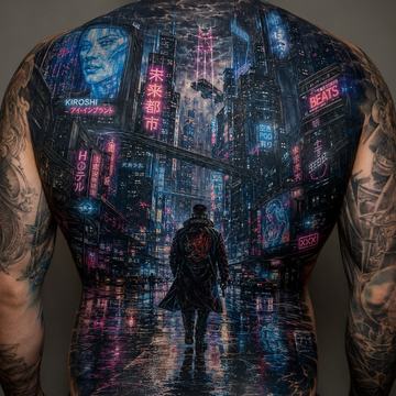 Großes Cyberpunk-Rücken‑Tattoo auf dem Rücken eines Mannes