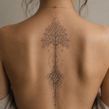 Feines, vertikales Yggdrasil‑Tattoo entlang der Wirbelsäule