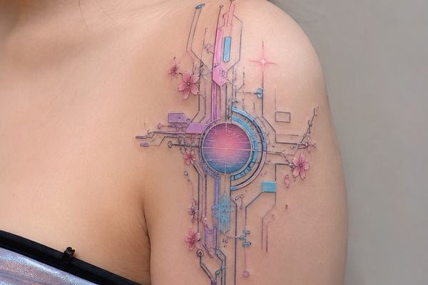 Feines Cyberpunk-Schultertattoo am Oberarm
