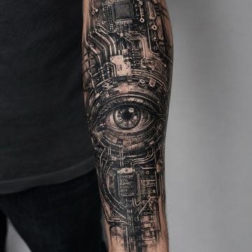 Cyberpunk-Unterarmtattoo in Schwarz-Grau: realistisches cybernetisches Auge als Hauptfokus