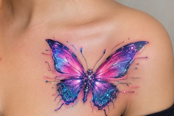 Cyberpunk-Schmetterlings-Tattoo am Schlüsselbein