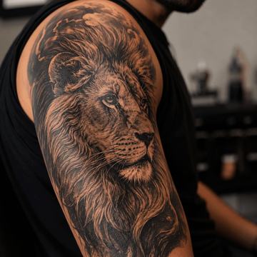 Großes Löwen Tattoo am Oberarm