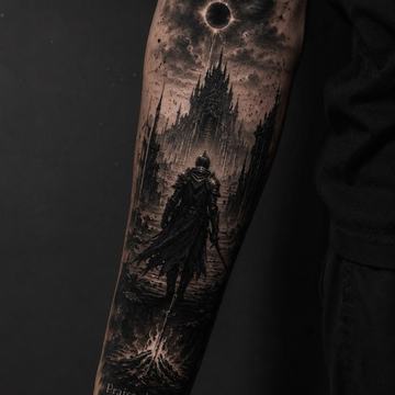 : ein einsamer Ritter geht auf eine gotische Festung zu, über ihm eine düstere Eklipse; unten ein Bonfire mit ins Feuer gestecktem Schwert und dem Schriftzug „Praise the Sun“ – stimmungsvolles, symbolisches Sleeve für Ausdauer, Wiederkehr und innere Stärke.