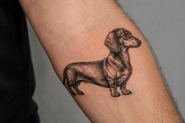 Realistisches Fineline-Dackel-Tattoo in Schwarz-Grau auf dem inneren Unterarm