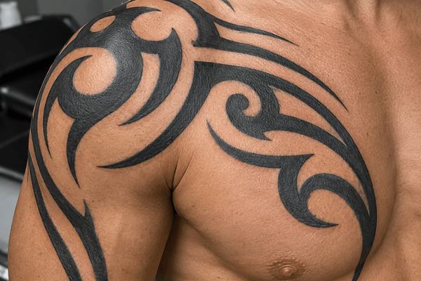 Tribal Tattoo auf Schulter und Brust