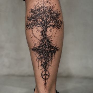 Yggdrasil-Tattoo auf der Wade