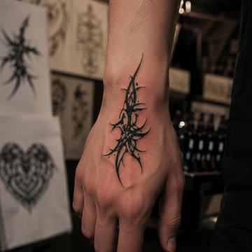 Schwarzes Tribal Tattoo auf der Hand